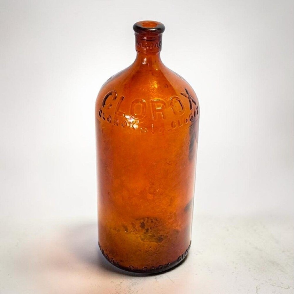 Vtg 1930s Clorox Amber Glass Bottle 16oz Embossed Farmhouse Cottagecore Decor